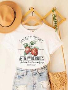 Suave Camiseta de Mujer con Estampado "Fresa Cultivada Localmente" - Estilo Vintage Casual, Cuello Redondo, Manga Corta, Lavable a Máquina, Moda Casual, 100% Lavable a Máquina, Ropa Casual, Estilo Casual, Serie Y2K, blusas casuales, playeras de mujer algodón - Blanco - Ver 6