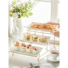 YHOSSEUN - Bandeja grande para servir de 3 niveles con soporte para servir, platos para servir para recibir invitados, adecuada para exhibir mesas de postres, suministros de catering, 30 cm, oro - Soporte dorado - Ver 4