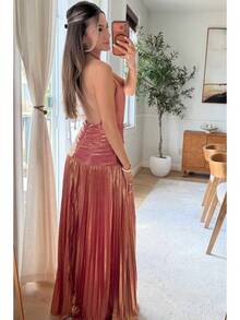 Metallic Pleated Halter Maxi Dress, Ruched Waist With Front Slit, Elegant Evening Gown For Prom & Weddings - Rose Gold - View 3