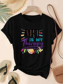 Camiseta de mujer para la vuelta a clases, serie de pinceles coloridos, cuello redondo, estilo casual y moderno, camiseta deportiva de manga corta, múltiples colores disponibles, tallas desde S a XXL - Negro - Ver 6