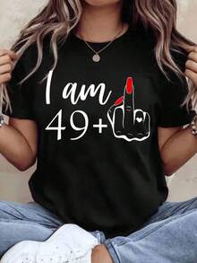Women's Cotton T-Shirts, "I Am 49 Plus One Year Old Birthday Shirt For Women" Funny Celebration Gift T-Shirt, Birthday Party Wear Casual Top, Basic Women's Blouses - 黑色 - 查看 1