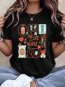 Women's Cotton T-Shirts, "A Nurse's Life" T-Shirt, Gift For Nurses, Medical-Themed T-Shirt, Funny Nurse Clothing, For Healthcare Workers, Nurse Appreciation Day Gift, Women's Basic Blouses. - 黑色 - 查看 1