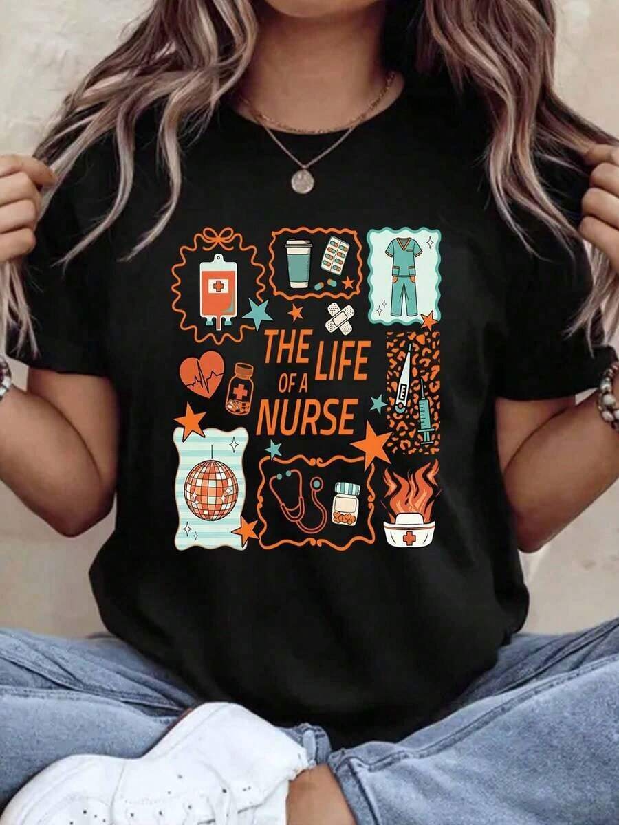 Women's Cotton T-Shirts, "A Nurse's Life" T-Shirt, Gift For Nurses, Medical-Themed T-Shirt, Funny Nurse Clothing, For Healthcare Workers, Nurse Appreciation Day Gift, Women's Basic Blouses. - 黑色 - 查看 1