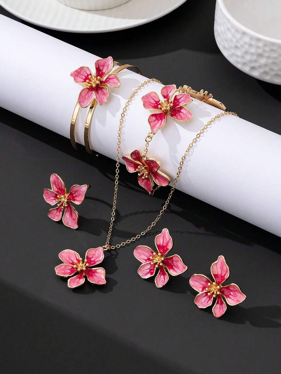Bộ trang sức mùa hè dành cho nữ: 1 dây chuyền mặt dây hoa nhuộm màu chuyển sắc thủ công, 1 đôi bông tai, 1 nhẫn, 1 vòng tay, 1 lắc tay - Phong cách nghỉ dưỡng thanh lịch - Hồng - Xem 1