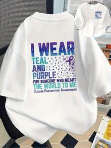 New 180g Heavyweight T-Shirt, 100% Cotton, In Blue And Purple, With A Double-Sided Suicide Prevention Print. A Modern Men's Garment, Suitable For Home, Casual Everyday Wear, And Sports. A Must-Have Item For Men, With A Design On Both The Front And Back, Perfect For Layering In Spring And Autumn Or Summer. Unisex Style. - 白色 - 查看 1