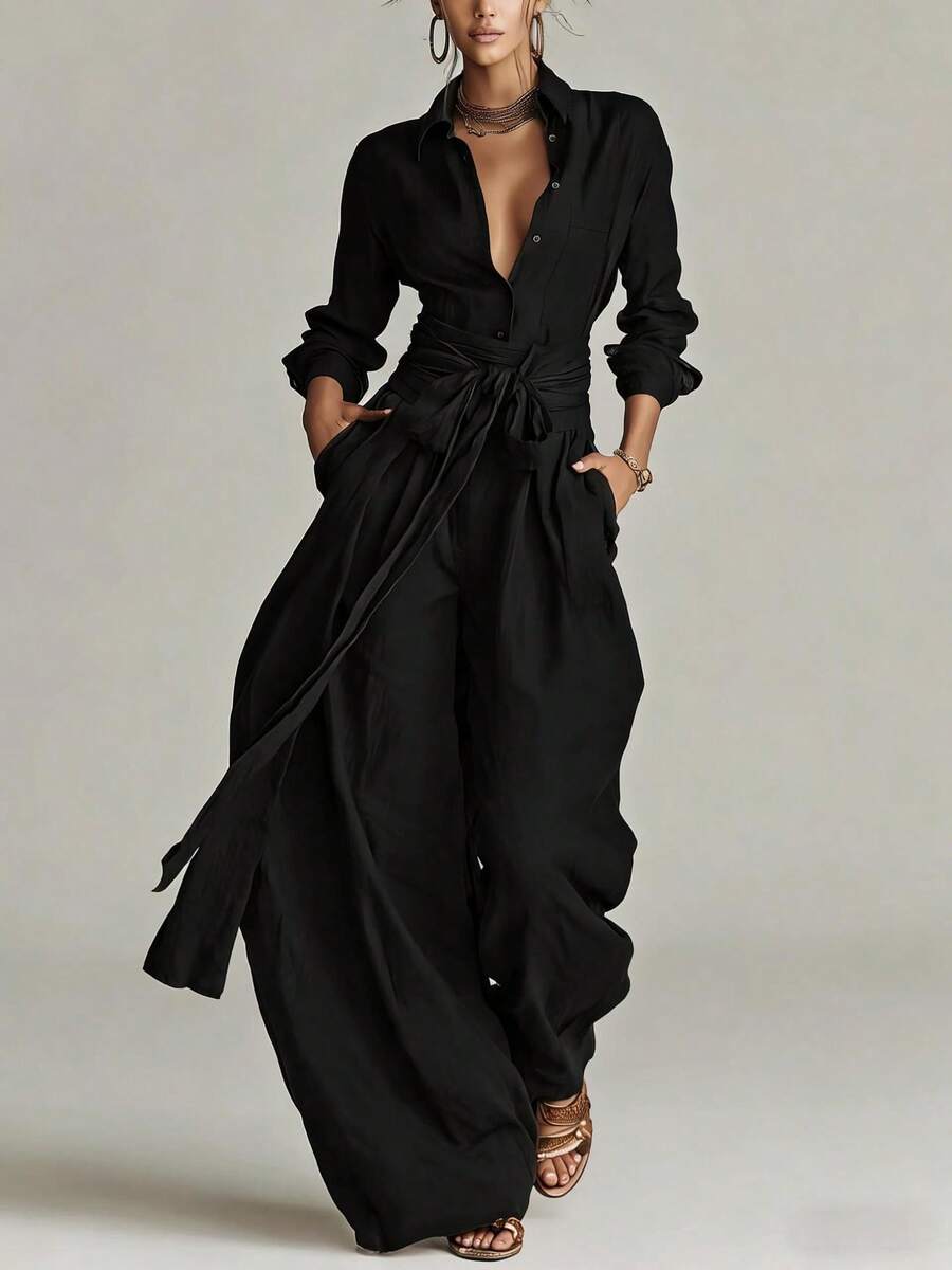 Women Jumpsuit Elegant Minimalist Commuter Textured Collared Long Sleeve Button Front Tie Waist Wide Leg Loose Fit One Piece For Office Daily Going O - Black - View 1