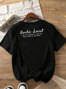 Short-Sleeved T-Shirt With Front And Back Prints, A Summer Must-Have For The "Social Auntie" Who Only Jokes Around With Those Who Call Her "Auntie." Casual Women's Top - Feminine Clothing, Comfortable Fit, Classic Design. - 黑色 - 查看 3