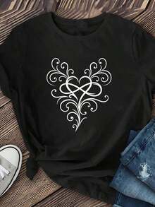 Women's Short-Sleeved Shirt With An "Artistic Love" Print, Suitable For Everyday Wear. Made Of Soft, Breathable Polyester Fiber With Moderate Stretch. Machine Washable. Casual Short-Sleeved Crew Neck Printed T-Shirt For Women, Graphic Tee, Women's Graphic Tees, Summer T-Shirt, Casual T-Shirt, Summer Tops, Summer Sets For Women, Comfortable Casual Short-Sleeved Crew Neck T-Shirt, Elegant Blouses For Ladies. - 黑色 - 查看 2