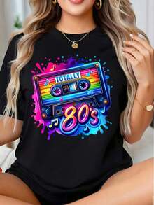 Retro 80s Cassette Music Theme Graphic T-Shirt, Vintage Style, Ideal For Parties, Makes A Perfect Gift For Friends And Family On Any Holiday Or Special Occasion, Fashionable Summer Cotton T-Shirt - 白色 - 查看 8