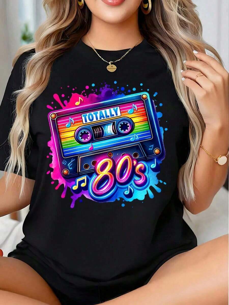 Retro 80s Cassette Music Theme Graphic T-Shirt, Vintage Style, Ideal For Parties, Makes A Perfect Gift For Friends And Family On Any Holiday Or Special Occasion, Fashionable Summer Cotton T-Shirt - 黑色 - 查看 1