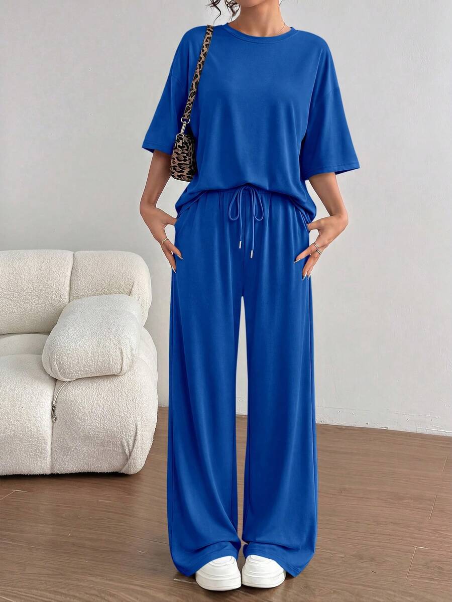 PRETTYGARDEN Women's Summer Clothes 2 Piece Sets Lounge For Short Sleeve Matching Airport Travel Outfits Casual Blue Vacation Summer Brunch Blue Outfits For Women Mothers Day Outfit - 藍色 - 查看 1