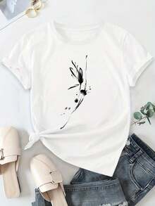 100% Cotton Short-Sleeved T-Shirt With Soft Feather Print, A Must-Have Item For Everyday Summer Wear, Perfect For Beach And Seaside Holidays, The Fabric Is Comfortable, Elegant Blouses For Ladies. - 白色 - 查看 3