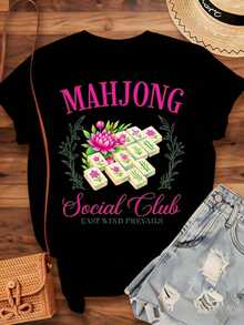 Women's Mahjong Social Club Floral Design T-Shirt "The East Wind Prevails", Casual Game Night Wear, Gift Idea For Mahjong Lovers, 220g - Urban Vintage Style, Unisex 100% Pure Cotton T-Shirt, Short Sleeve And Round Neck. - 黑色 - 查看 4