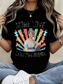 TrendyWomens Fashion T-Shirt With Graphic Print "More Love, Less Prejudice" Vintage Women's Rainbow Design, Casual Summer Top For Everyday Wear. - 黑色 - 查看 6