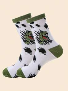 1/3/6 Pairs Random Men's Dinosaur Contrast Color Pattern Comfortable Versatile Mid-Calf Socks, Suitable For Outfits - Multicolor - View 5