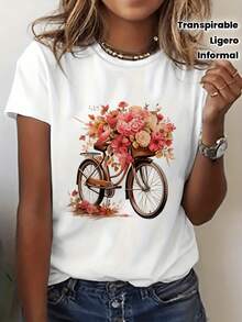 Women's Short Sleeve T-Shirt With Romantic Floral And Bicycle Graphic - Crew Neck, Lightweight And Breathable, Perfect For Spring And Summer Outfits, Casual Dress T-Shirt | Floral Graphic T-Shirt | Comfortable Fit, Ladies' T-Shirts - 白色 - 查看 1