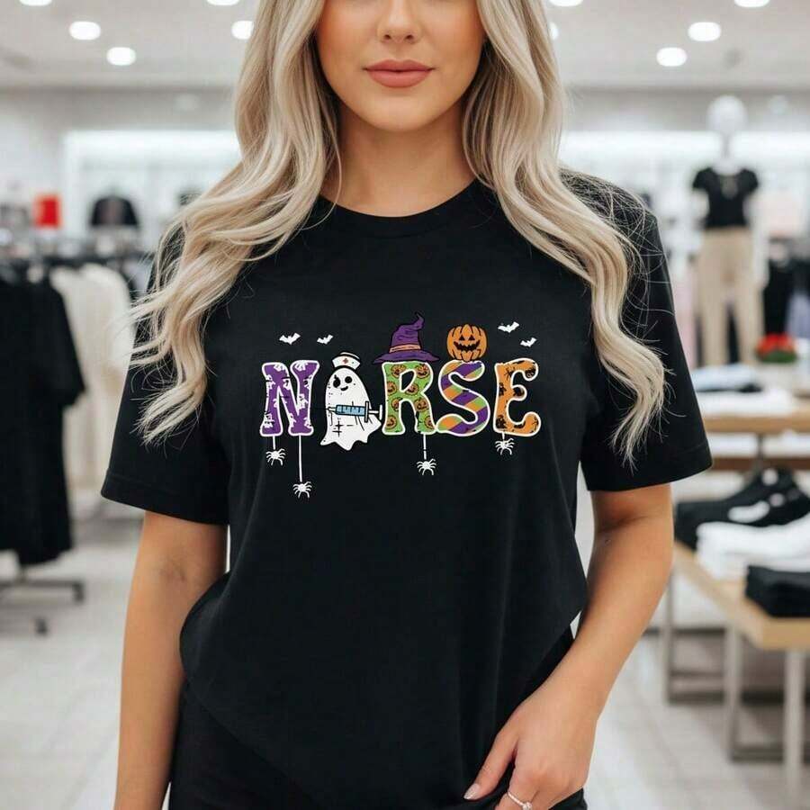 Women's Halloween Nurse Print Cotton T-Shirt, Cute Graphic Tee With Ghost, Pumpkin And Witch Hat, Casual Short Sleeve Top, Nurse Costume T-Shirt For Parties, Comfortable And Breathable Basic T-Shirt For Halloween Celebrations. - 黑色 - 查看 1
