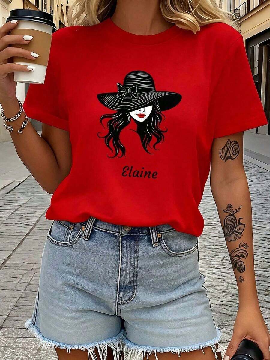 Women's Wide Brim Hat And T-Shirt Set - Elaine Elegant Casual Outfit - Wide Brim Hat, Comfortable Machine Washable Blouse For Casual Wear And Special Events - 紅色 - 查看 1