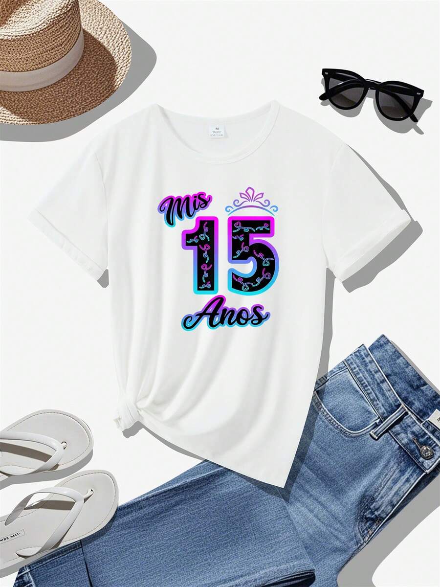 Women's Casual Round Neck Sports T-Shirt, New, Comfortable, With 15 Fashion Prints, Elegant Party Outfit, T-Shirt For Elegant Ladies, Blouses Suitable For Curvy Women, Casual Clothing, Cool And Sweat-Free Summer Clothes, Fun Letter Print - 白色 - 查看 1