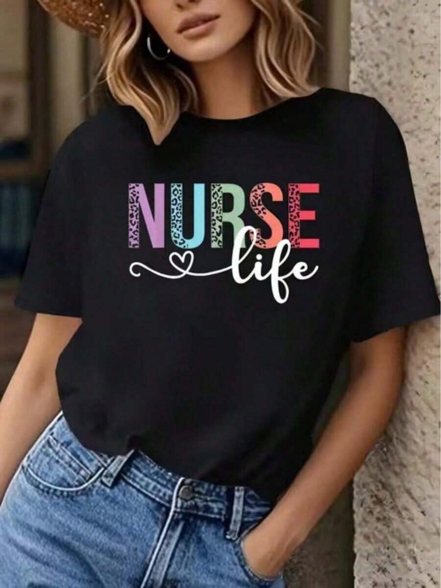 Soft And Colorful Leopard Print Nurse T-Shirt, Casual T-Shirt, Everyday T-Shirt, Vacation T-Shirt, Women's Sports T-Shirt, Elegant Blouses For Ladies - 黑色 - 查看 1