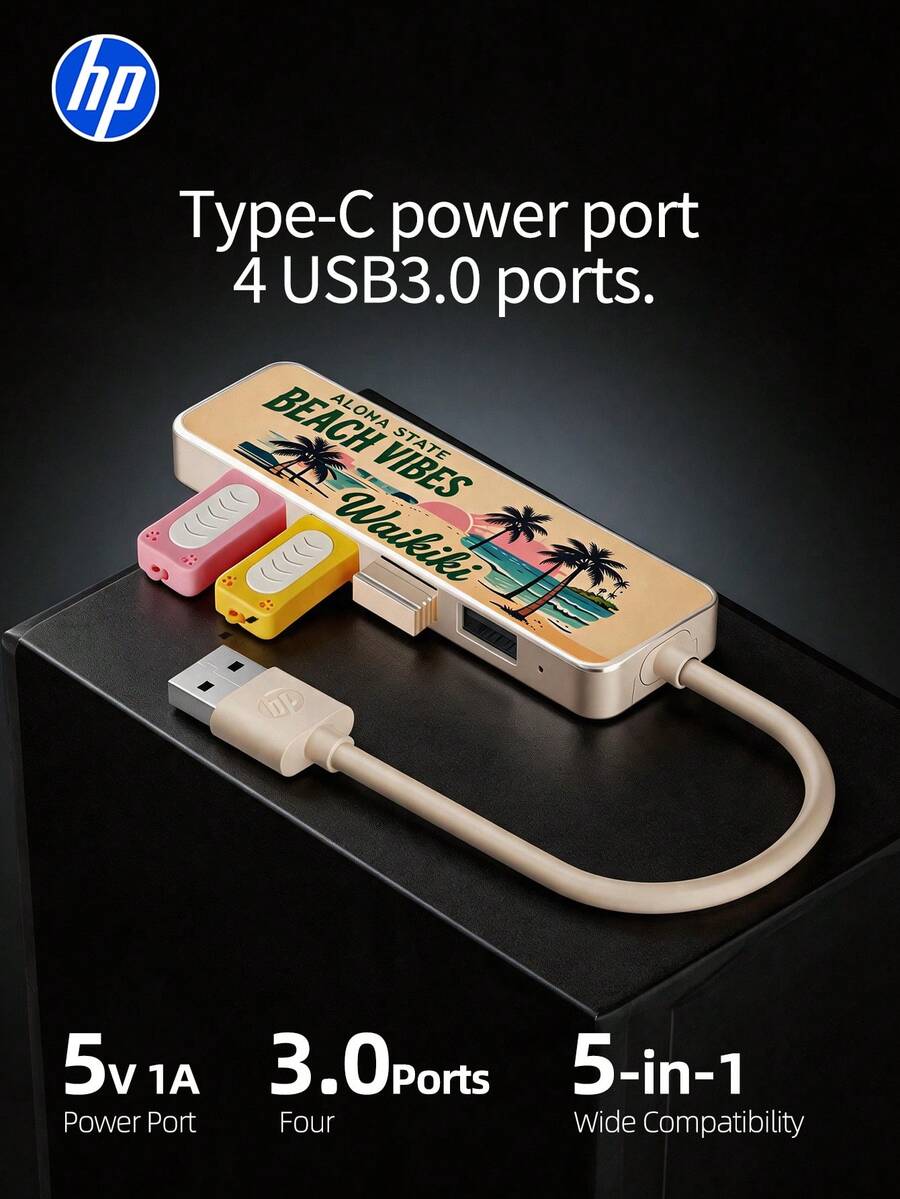 HP 四合一扩展坞，DHC-CT100D，USB-A 2.0，1 转 4，热带树叶图案（4 个 USB 2.0 接口，1 个 Type-C 接口），即插即用