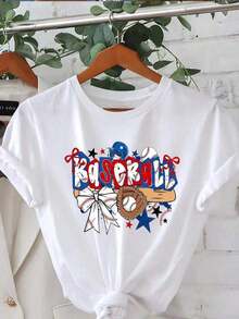 1 Piece Of Women's Casual Short-Sleeved Crew Neck T-Shirt With "Baseball Mom" Print, Suitable For Spring And Summer Wear. 180g 100% Cotton. - 白色 - 查看 2