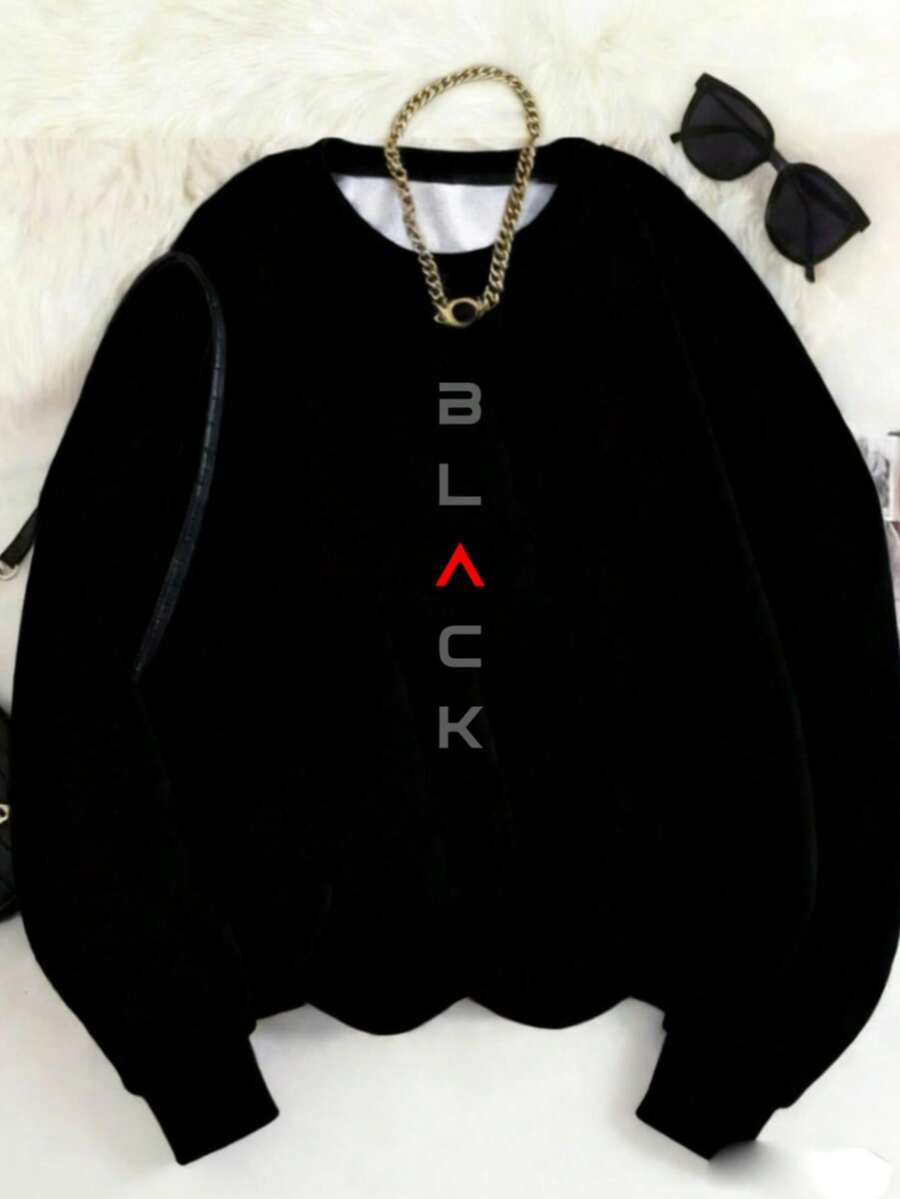 MSUCC|Women's Basic Crew Neck T-Shirt, Printed, American Style, Modern And Youthful Design, Suitable For All Seasons And Daily Wear, With Soft Fabric|Women's Casual Long Sleeve Vertical Print Sweatshirt - 黑色 - 查看 1