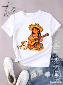 Short-Sleeved T-Shirt For Spring/Summer 2026, Made In Mexico, 180 Grams. Cartoon Print, Couple Design, Suitable For Indoor Or Outdoor Wear. Crew Neck, Unisex, Ideal For Office And Leisure. One-Pack. - 白色 - View 1