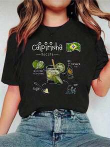 1 Piece Women's T-Shirt With Classic Brazilian Caipirinha Cocktail Recipe Design, Casual Fashion, Round Neck, Short Sleeve, 100% Comfortable Cotton, 180g - 黑色 - 查看 6