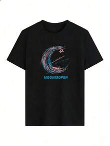Pink And Blue Moon Print T-Shirt, Fashionable Short-Sleeved T-Shirt For Spring/Summer 2026, Made In Mexico, 180 Grams. Cartoon Print, Couple Design, Suitable For Indoor Or Outdoor Wear. Crew Neck, Unisex, Ideal For Office And Leisure. One-Pack. - BK-P631577SLNDXZGY580 - 查看 2