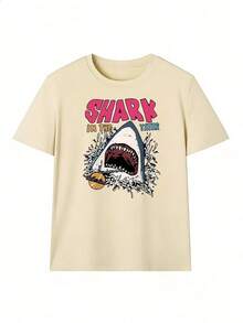 Shark T-Shirt With "Shark In The Water" Text.  Short-Sleeved T-Shirt For Spring/Summer 2026, Made In Mexico, 180 Grams. Cartoon Print, Couple Design, Suitable For Indoor Or Outdoor Wear. Crew Neck, Unisex, Ideal For The Office And Leisure. One-Pack. - APR-P631577SLNDXZGY624 - 查看 2