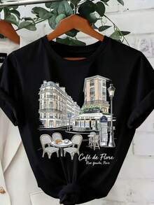 | Exquisite Design | Loose And Comfortable | Easy To Match | 1 Piece Of Women's Summer Clothing, Parisian Floral Street Cafe Print Travel T-Shirt, Elegant Women's Clothing, Style: Round Neck, Short Sleeve, Loose Fit, A Gift For Yourself/Family/Lover/Friends, Breathable Cotton Top. - 黑色 - 查看 1