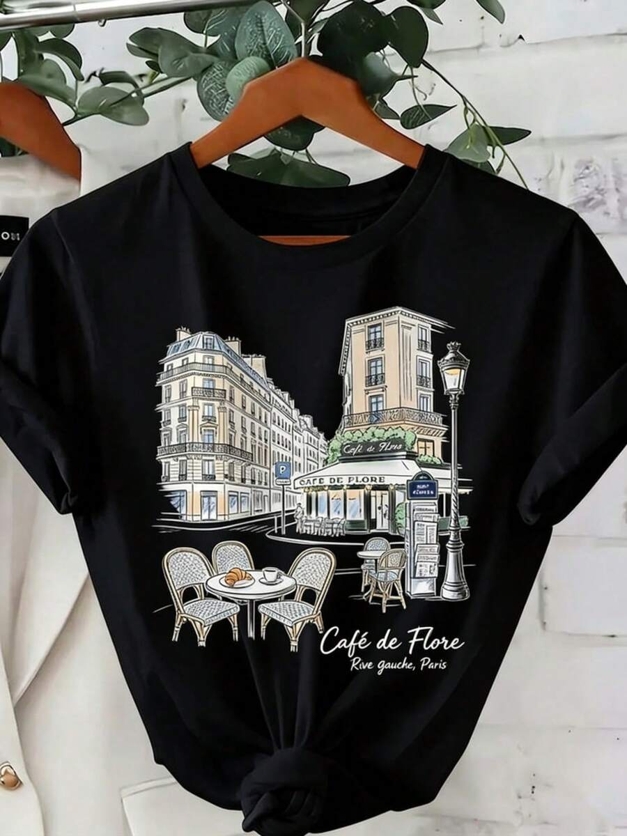 | Exquisite Design | Loose And Comfortable | Easy To Match | 1 Piece Of Women's Summer Clothing, Parisian Floral Street Cafe Print Travel T-Shirt, Elegant Women's Clothing, Style: Round Neck, Short Sleeve, Loose Fit, A Gift For Yourself/Family/Lover/Friends, Breathable Cotton Top. - 黑色 - 查看 1