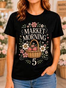 MARKET MORNING 5 Women's Casual Sports T-Shirt - Black Round Neck T-Shirt With Floral Design, Elastic And Machine Washable, Comfortable Fit For All Seasons, Perfect For A Casual And Cool Style. - 黑色 - 查看 1