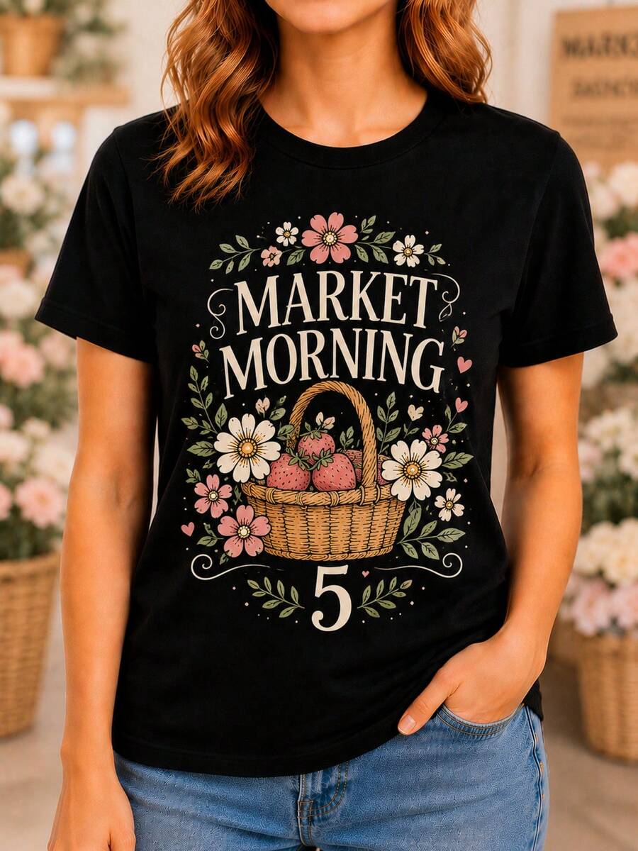 MARKET MORNING 5 Women's Casual Sports T-Shirt - Black Round Neck T-Shirt With Floral Design, Elastic And Machine Washable, Comfortable Fit For All Seasons, Perfect For A Casual And Cool Style. - 黑色 - 查看 1
