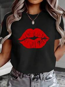 Patrón de estampado de labios rojos, diseño de labios sexys, adecuado para decoración estampada. udadera con estampado direccional, sudadera casual de cuello redondo para primavera/verano, camiseta de manga corta, top cómodo para mujer 14126. Traje de fiesta elegante,T-shirt para damas elegantes,Blusas adecuadas para mujeres con curvas,Faldas de graduación,Ropa casualEstampado de animales adorables ,Estampado de letras divertidas - Negro - Ver 7