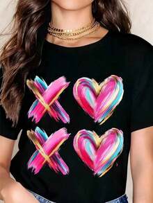 Women's Casual T-Shirt With Colorful Hearts And X Print, Short Sleeve, Round Neck, Fashion Graphic Top, Summer Outfit, 100% Cotton, Soft Fabric, Short Sleeve - 黑色 - 查看 1