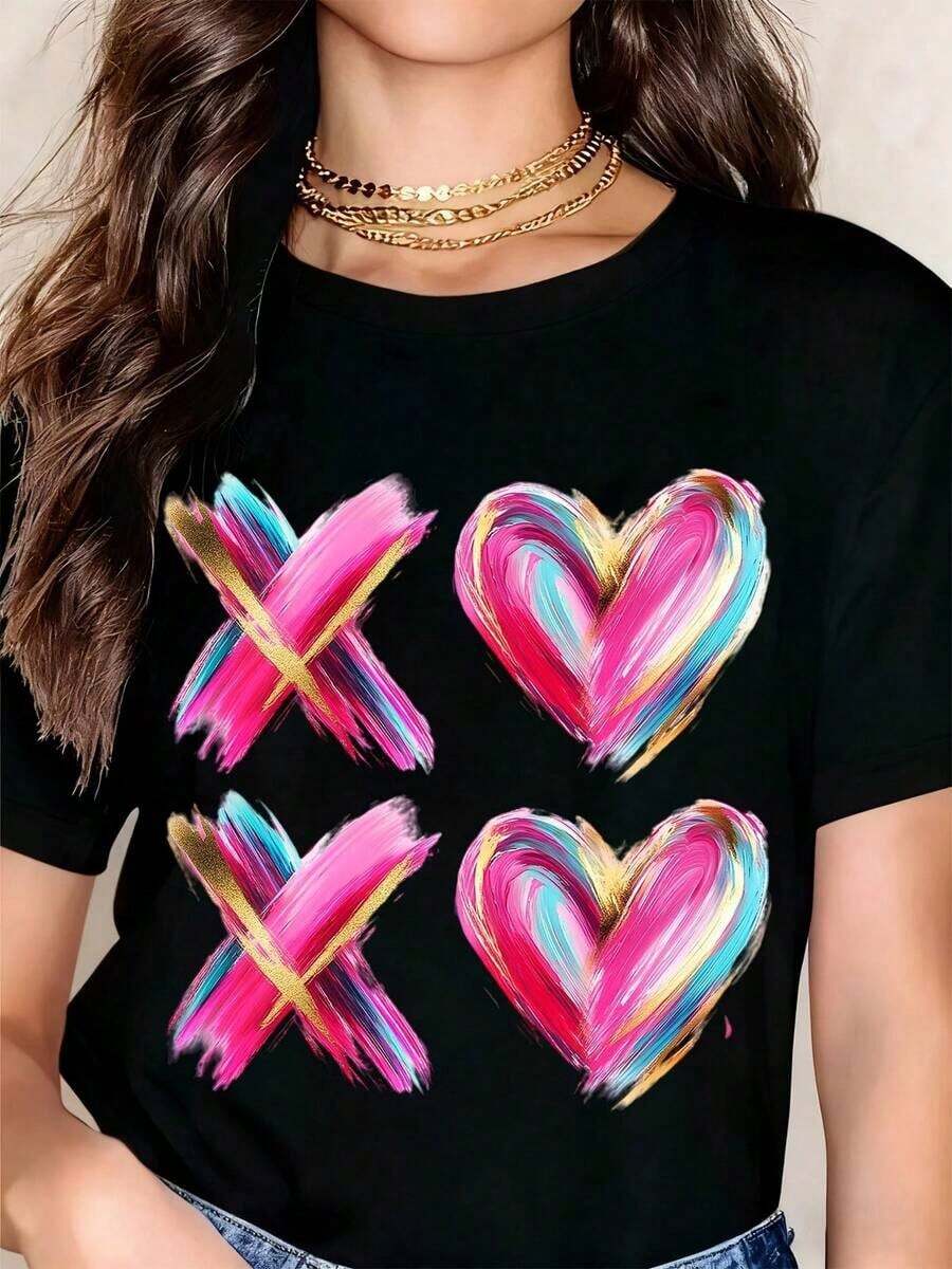 Women's Casual T-Shirt With Colorful Hearts And X Print, Short Sleeve, Round Neck, Fashion Graphic Top, Summer Outfit, 100% Cotton, Soft Fabric, Short Sleeve - 黑色 - 查看 1