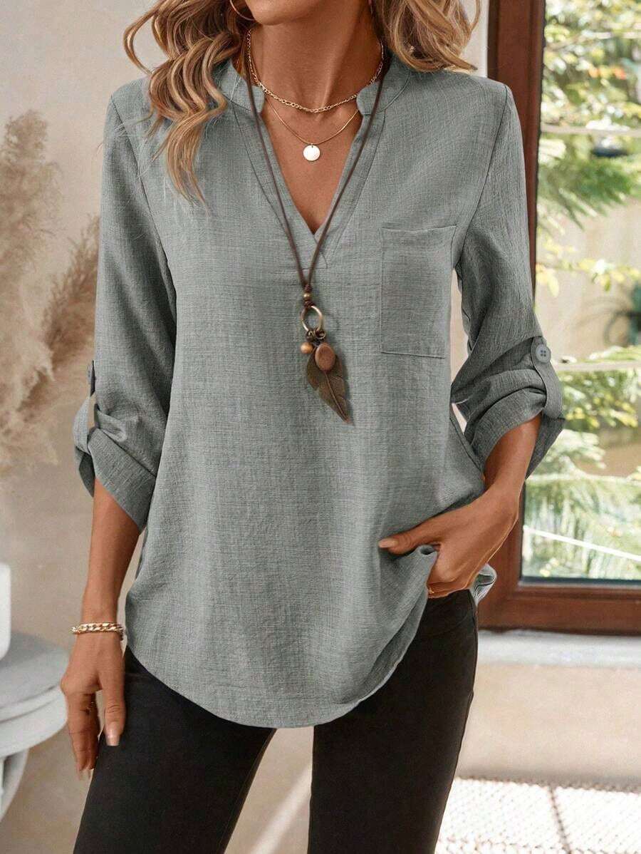 Blusa casual de mujer de unicolor y cuello con muesca, de manga 3/4, versátil y adecuada para uso en la oficina en otoño/invierno, casual - Gris Claro - Ver 1