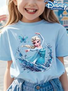 [Authorized] Frozen Princess Elsa Print Disney Girls' Summer Round Neck Casual T-Shirt For Children, Slightly Stretchy Fabric, Suitable For Birthday Gifts, Suitable For Daily Sports And Travel, Summer Girls' T-Shirts - Màu xanh nhạt - Xem 1