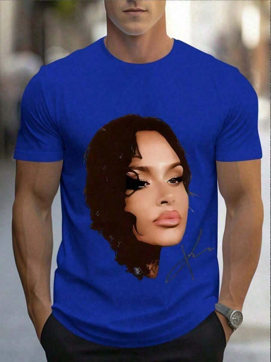 Women's Celebrity Portrait Print T-Shirt, Comfortable And Casual Short-Sleeved, High-Quality Cotton Print. 100% Cotton. Suitable For Casual And Versatile Wear In Spring, Summer, And Autumn. - 藍色的 - 查看 1
