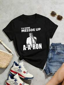 Women's Soft, Casual, Short-Sleeved Crew Neck T-Shirt, Ideal For Summer. The "You Got It Wrong, Aaron" Graphic Print Is Perfect For Meme Lovers In Spring And Summer. White. - 黑色 - 查看 5
