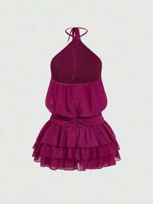 ROMWE Vestido mini con cuello halter, espalda descubierta y bajo con múltiples volantes - Amarillo - Ver 11