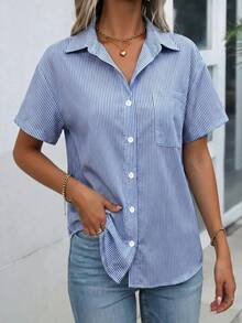 Blusa de mujer de manga corta con rayas, de estilo casual y de verano - Azul - Ver 4