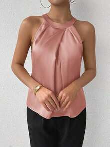 Blusa de crepé champán con cuello fruncido, sin mangas, elegante y sencilla para la oficina, para uso diario y de oficina - Rosa vieja - Ver 3