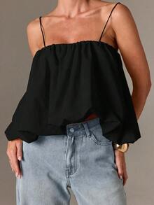 Top de camisola fruncido estilo bohemio con bajo abombado y tirantes ajustables para un estilo casual de verano - Negro - Ver 6