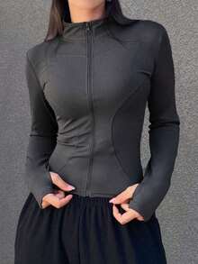Chaqueta Ajustada Con Cierre De Cremallera Para Mujer - Gris Oscuro 2 - Ver 3