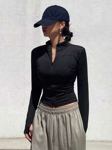 Chaqueta de manga larga sólida para mujer, ajuste delgado, minimalista ideal para primavera y verano - Negro 2 - Ver 1