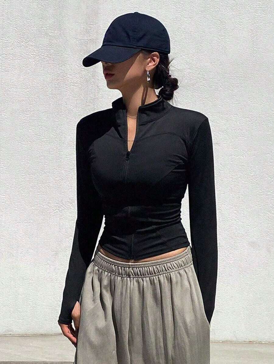Chaqueta de manga larga sólida para mujer, ajuste delgado, minimalista ideal para primavera y verano - Negro 2 - Ver 1