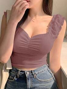 Top de camisola fruncido para mujer, top de cami ajustado y versátil - Rosa - Ver 1